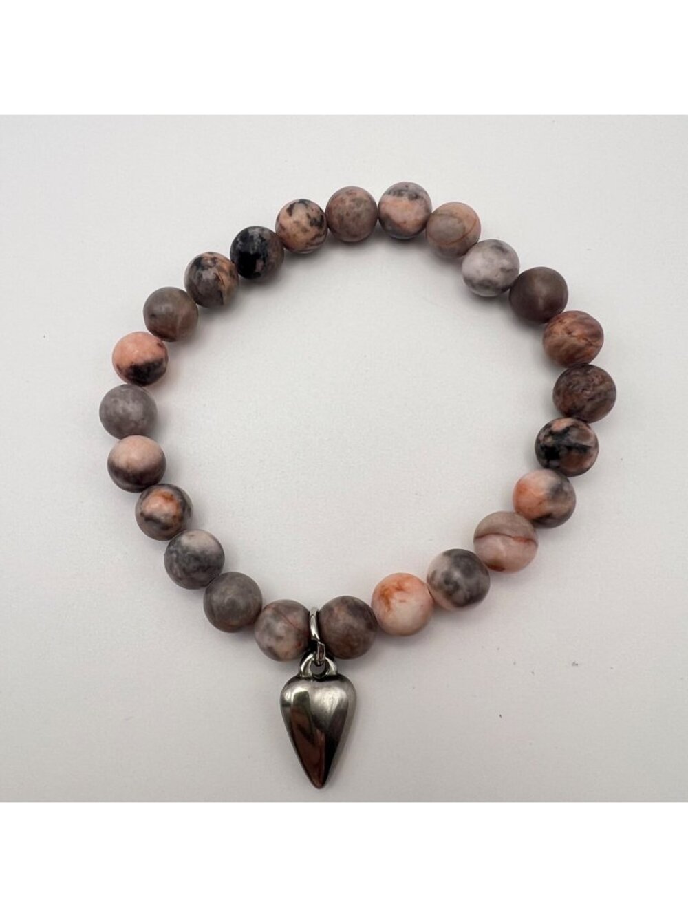 Pink Zebra Jasper Stone Bead Stretch Bracelet Silver Tone Heart Charm